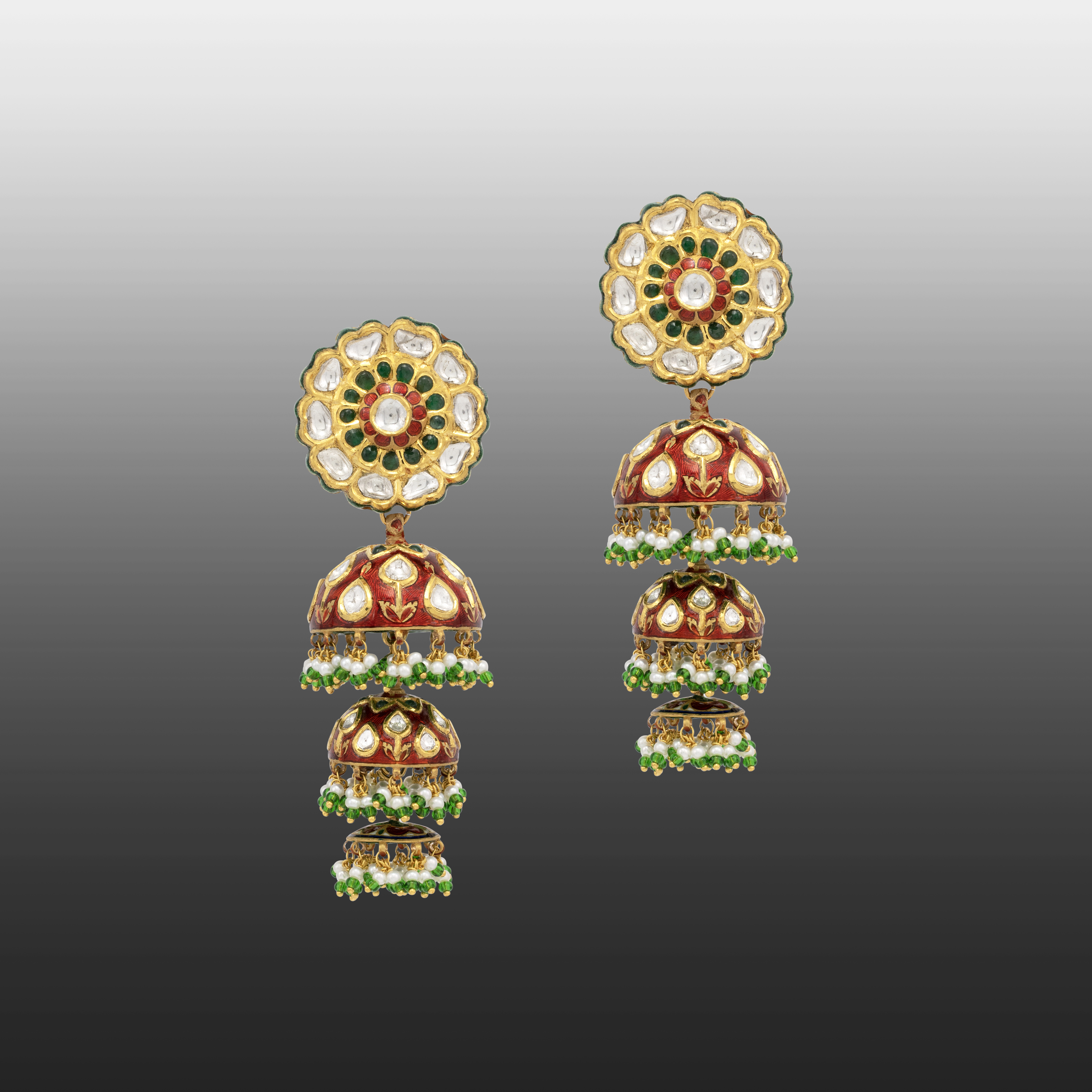 Triple-Tier Red Meenakari Jhumkis with Polki and Green Beads